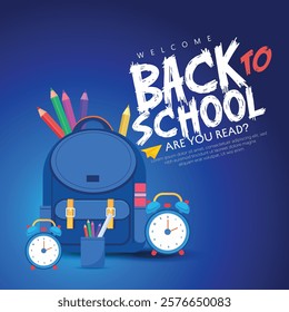 Back to school vector design. Back to school text, school supplies including a backpack, books, and pencils. Perfect for back-to-school themes, educational promotions, or learning-related designs.