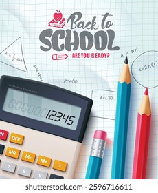 Back to school vector design. Back to school text in grid paper background with education items. Vector illustration educational design.
