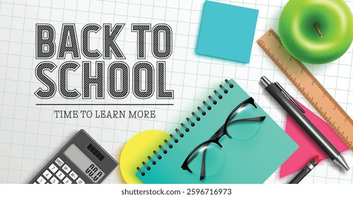 Back to school vector design. Back to school text with educational item supplies in graph background for kids colorful educational study. Vector illustration.
