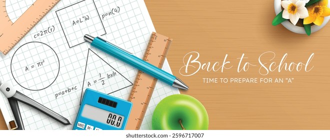 Back to school vector design. Back to school text in study table with lesson notes, ball pen and calculator for math advance learning education. Vector illustration.
