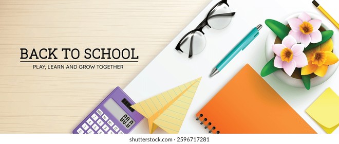 Back to school vector design. Back to school text in study table with notebook, calculator and ball pen elements for educational learning copy space decoration. Vector illustration.

