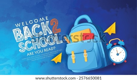 Back to school vector design. Back to school text, school supplies including a backpack, books, and pencils. Perfect for back-to-school themes, educational promotions, or learning-related designs.
