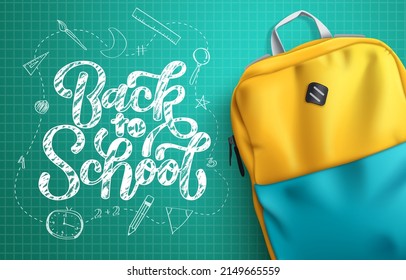 Back to school vector design. Back to school typography text in chalkboard  background with backpack bag educational element  for education learning messages. Vector illustration.
