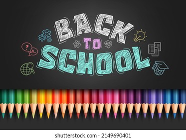 Back to school vector design. Back to school typography text with color pencil art elements in chalkboard background for kids educational creative learning. Vector illustration.
