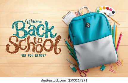 Back to school vector design. Back to school typography text with bag, painting and color pencil elements in wooden background for educational messages decoration. Vector illustration.
