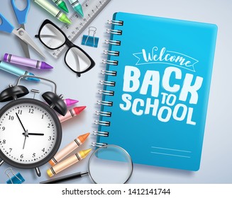 Back to school vector design with welcome back to school greeting text written in notebook with school items and education elements in white background. Vector illustration.