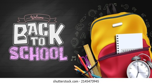 Back to school vector design. Welcome back to school text in chalkboard background with backpack bag and doodle typography decoration for kids educational learning and study items. Vector illustration