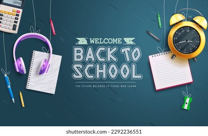 Back to school vector design. Welcome back to school text with hanging education supplies and tools in chalk board background. Vector illustration greeting background.