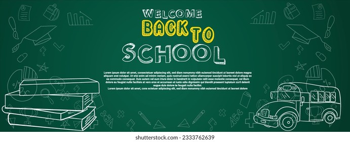 Back to school vector design. Welcome back to school in doodle hand drawn education icon with text effect drawing in chalkboard background. Vector Illustration, banner, social media, and flyer
