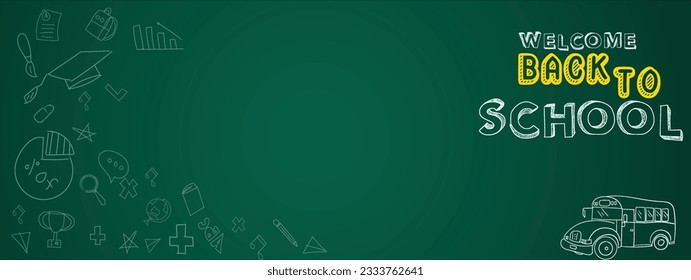 Back to school vector design. Welcome back to school in doodle hand drawn education icon with Text copy space drawing in chalkboard background. Vector Illustration, banner, social media, and flyer.
