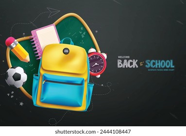 Diseño de Vector de vuelta a la escuela. Bienvenido de nuevo al texto de saludo escolar con mochila, reloj despertador, bola, lápiz y pizarra Elementos educativos. saludo de escuela de Ilustración vectorial 