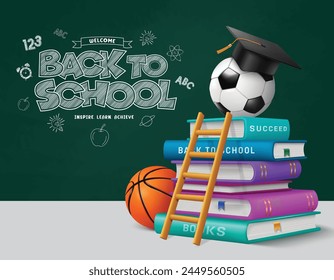 Back to school vector design. Welcome back to school greeting typography in green chalk board with books ,ladder, soccer ball and graduation cap for educational learning background. Vector 