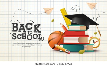 Back to school vector design. Welcome back to school greeting typography on checkered paper with books, pencils, soccer ball and graduation cap for educational learning background. Vector illustration