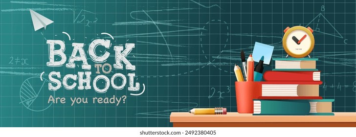 Back to school vector design. Welcome back to school greeting text with stack of books, pencil case, alarm clock, pencil and chalkboard with doodle educational elements. Vector illustration