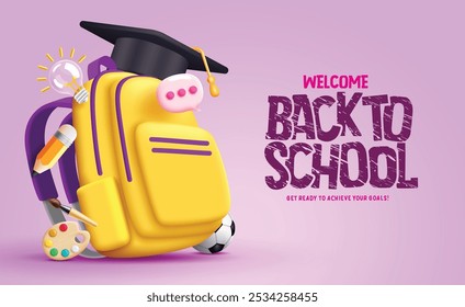 Back to school vector design. Welcome back to school text with school yellow bag and graduation cap elements. Vector illustration educational greeting background.
