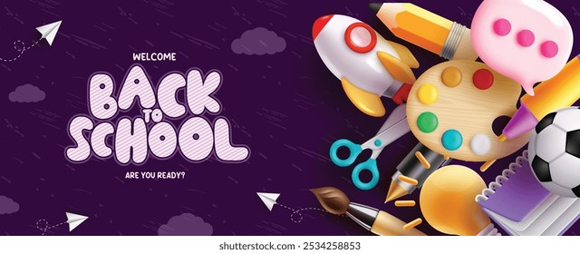 Back to school vector design. Welcome back to school greeting text with student supplies and tools elements. Vector illustration education background design.
