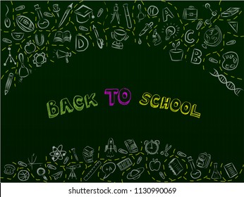 Back to school vector design  with white school items and elements inblack graph background. Vector illustration