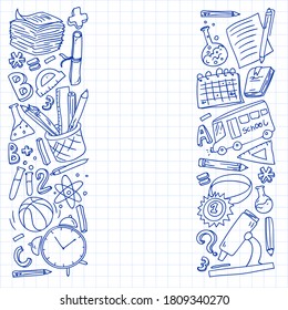 Back to School vector doodle set. Supplies for sport, art, reading, science, geography, biology, physics, mathematics, astronomy, chemistry.