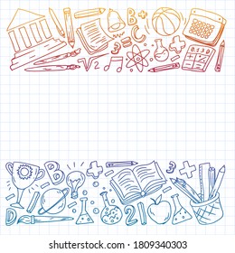 Back to School vector doodle set. Supplies for sport, art, reading, science, geography, biology, physics, mathematics, astronomy, chemistry.