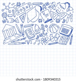 Back to School vector doodle set. Supplies for sport, art, reading, science, geography, biology, physics, mathematics, astronomy, chemistry.