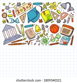 Volver al conjunto de doodles vectoriales escolares. Suministros para deporte, arte, lectura, ciencia, geografía, biología, física, matemáticas, astronomía, química.