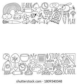 Back to School vector doodle set. Supplies for sport, art, reading, science, geography, biology, physics, mathematics, astronomy, chemistry.