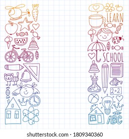 Back to School vector doodle set. Supplies for sport, art, reading, science, geography, biology, physics, mathematics, astronomy, chemistry.