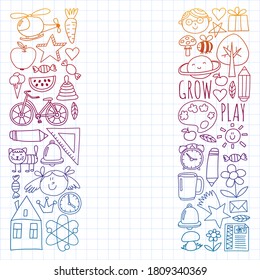 Back to School vector doodle set. Supplies for sport, art, reading, science, geography, biology, physics, mathematics, astronomy, chemistry.