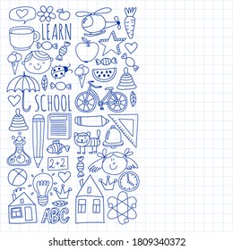 Back to School vector doodle set. Supplies for sport, art, reading, science, geography, biology, physics, mathematics, astronomy, chemistry.