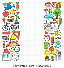 Back to School vector doodle set. Supplies for sport, art, reading, science, geography, biology, physics, mathematics, astronomy, chemistry.