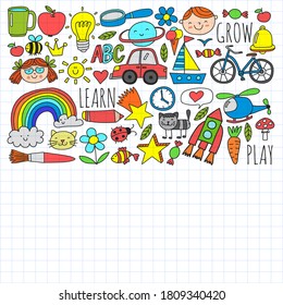 Back to School vector doodle set. Supplies for sport, art, reading, science, geography, biology, physics, mathematics, astronomy, chemistry.