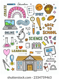 Back to school vector doodles. Hand drawn school illustrations. School building, online learning, school supplies