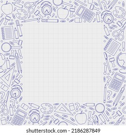 Back to school vector drawing. Internet education online. Background, notebook and contour drawings of elements for study