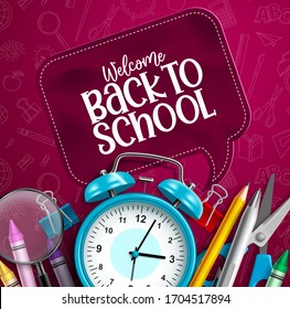 Back to school vector education concept. Back to school text speech bubble with educational school items and elements in red pattern background. Vector illustration.
