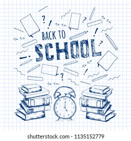 Back to school. Vector education illustration. Hand drawn books, clock