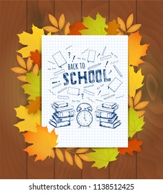 Back to school. Vector education illustration. Hand drawn illustration with books, clock, autumn leaves