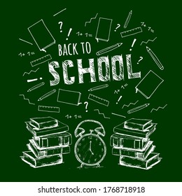 Back to school. Vector education illustration. Hand drawn books, clock and doodle on green background