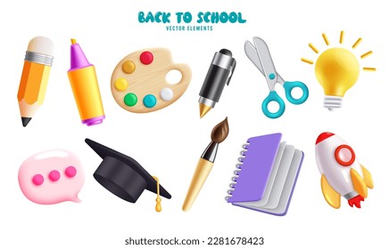 Volver a la escuela de elementos vectores conjunto diseño. Suministros educativos escolares y artículos aislados de fondo blanco. Colección de elementos de aprendizaje de ilustraciones vectoriales.