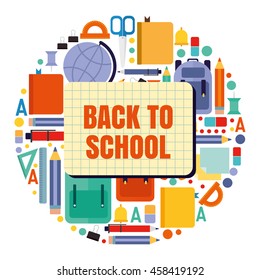 back to school. vector flat design set. Icons for infographics. backpack, books, notebooks, pens, ruler, protractor, pencil school supplies.