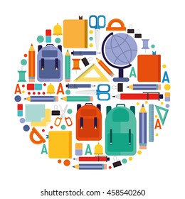 back to school. vector flat design set. Icons for infographics. backpack, books, notebooks, pens, ruler, protractor, pencil school supplies.