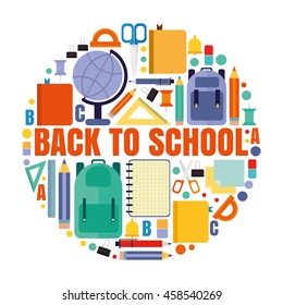 back to school. vector flat design set. Icons for infographics. backpack, books, notebooks, pens, ruler, protractor, pencil school supplies.