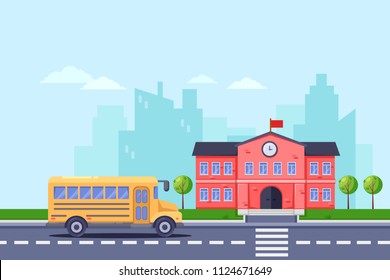 Back to school, vector flat illustration. School building and yellow bus on road. Education background.