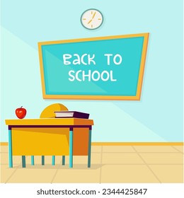 Back to school vector flat illustration with classroom, desk and table 