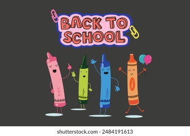 Back to school vector flat illustration. Cute cartoon crayon, marker, pencil, a brush, an eraser in the shape of a bear. Set of school supplies. Set of school supplies