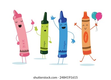 Back to school vector flat illustration. Cute cartoon crayon, marker, pencil, a brush, an eraser in the shape of a bear. Set of school supplies. Set of school supplies