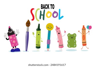 Back to school vector flat illustration. Cute cartoon crayon, marker, pencil, a brush, an eraser in the shape of a bear. Set of school supplies. Set of school supplies