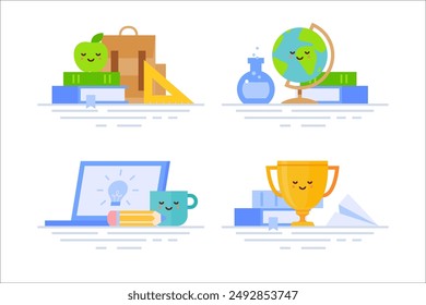 Back to school. Vector flat illustrations with school supplies. Green apple on top of the books, backpack, globe, flask, notebook, mug and golden goblet