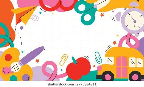 Back to school vector frame with colorful classroom supplies, school bus, apple, alarm clock and copy space.