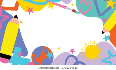 Back to school vector frame with colorful pencils, paint brush, sun, stars, planet and blank copy space.