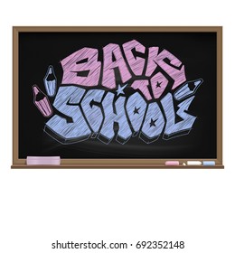 Back to School. Vector graffiti text drawn by a pink and blue chalk on the classroom blackboard. Original symbol of beginning of a school season. Banner dedicated for the 1 September. Isolated object.